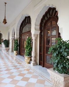 an ornate entry way with potted plants on either side and large doors to the other side