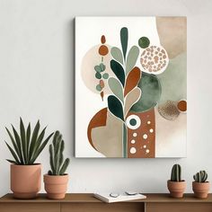 a painting hanging on the wall next to potted plants