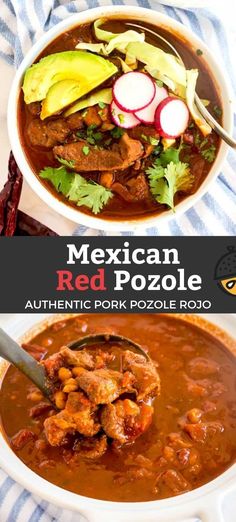 mexican red pozole soup in a white bowl