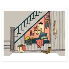 a drawing of a living room with stairs and luggage on the floor next to it