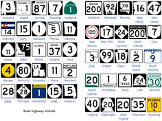 various road signs and numbers are shown in black and white, including the interstate sign