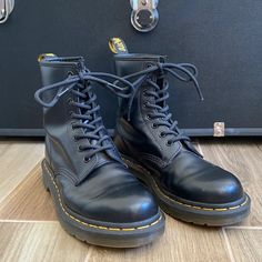 Minor Wear, Only Worn A Few Times. Great Boots, Go With Anything But Not My Style Anymore. Feel Free To Ask Questions, Very Open To Offers And Bundles! Dr Martens Black, Leather Lace Up Boots, Dr Martens Shoes, Martens Shoes, Moto Boots, Leather Lace, Lace Up Boots, Leather And Lace, Black N Yellow