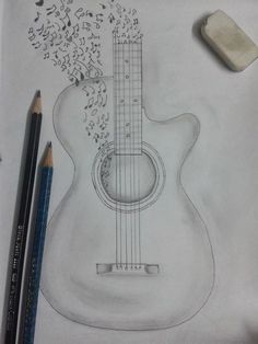 a drawing of an acoustic guitar with music notes coming out of its back and neck