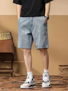 Men Breathable Cotton Knee-Length Big Size Denim Shorts – 4Colordress Denim Overalls Shorts, Mens Denim Shorts, Cut Clothes, Graphic Print Shirt, Outfits Hombre, Skirt Trends, Blue Denim Shorts, Urban Looks, Outfit Combinations