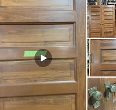 the door is open and there are pictures of wood doors with green arrows pointing in different directions