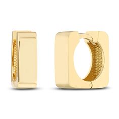 High polished square tubes are fashioned into chunky squares in these classic women's huggie earrings. Fashioned in 14K yellow gold, the earrings secure in place with hinged backs. Classic Square Face Jewelry As A Gift, Luxury Yellow Gold Square Earrings, Rectangular Yellow Gold Huggie Earrings, Elegant Yellow Gold Square Huggie Earrings, Modern Square Yellow Gold Hoop Earrings, Elegant Square Yellow Gold Huggie Earrings, Yellow Gold Square Hoop Earrings For Everyday, Rectangular 14k Yellow Gold Hoop Earrings, 14k Yellow Gold Rectangular Hoop Earrings