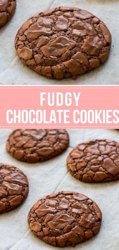 fudgey chocolate cookies on parchment paper with the words fudgey chocolate cookies