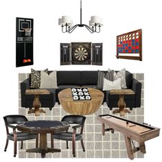 a living room filled with furniture next to a wall mounted dart board and table tennis