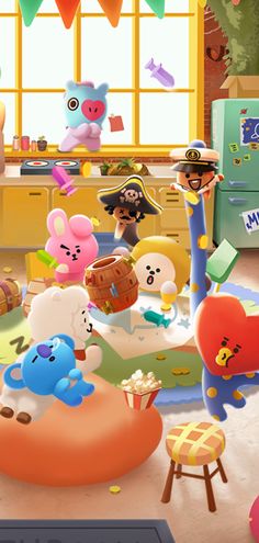 an animated image of many stuffed animals in a playroom with toys and decorations on the floor