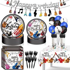 a birthday party set up with guitars and balloons