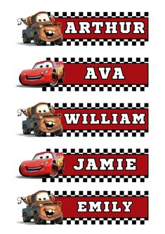 the cars movie character name tags are shown in three different colors and font, each with their own image