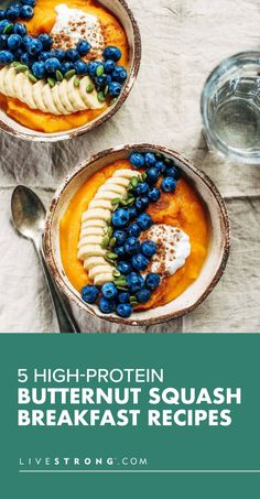 two bowls with blueberries and bananas in them on top of a white table cloth