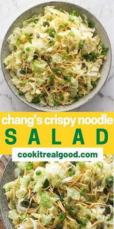 cabbage and noodle salad in a bowl on a table with the title above it