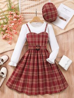 White Plaid Dress, Cute Lizard, Red And White Plaid, Printed Flare Pants, Shein Brasil, Stylish Winter Outfits, Tailored Dress, Beret Hat