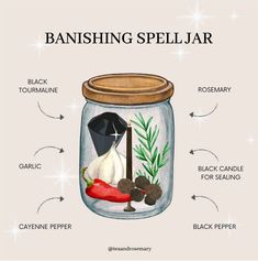 a jar filled with black pepper, garlic and other items to make it look like a spell