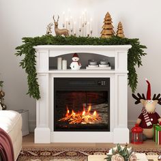 a living room with a fireplace decorated for christmas