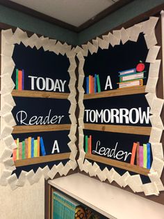 two bookshelves decorated to look like they are reading