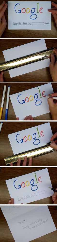 four pictures showing how to make a google logo with pencils and paper on the table