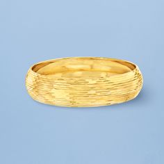 Ross-Simons - Italian 14kt Yellow Gold Bangle Bracelet. 8.5". Our splendid bangle bracelet is a must-have. Shining in textured and polished finishes of 14kt yellow gold, this Italian-crafted bangle bracelet truly works with any outfit. 3/4" wide. Slip-on, 14kt yellow gold bangle bracelet. Formal Yellow Gold Hammered Bangle, Formal Textured Yellow Gold Jewelry, Yellow Gold Bangle, Bare Necessities, Gold Bangle Bracelet, Gold Bangle, Designer Sandals, Gold Bangles, Aeropostale