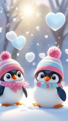 two penguins wearing hats and scarves standing in the snow with hearts floating above them