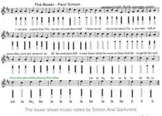 sheet music for the boxer - paul simon's song, which is written in english