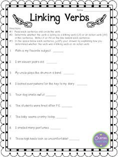 the linking verbs worksheet is shown in black and white, with an image of