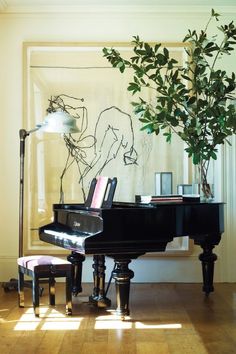 a living room with a black piano and a potted plant on the table next to it