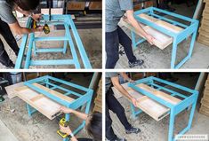 the process of making a table with plywood and glue is shown in four different stages