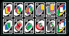 a set of six playing cards with different colors and designs on them, all in the same