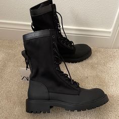 *Brand New* Zara Combat Boot. Size 37 Or 6.5 In Usa. Rubber Sole With Nylon Where The Laces Are. Sold Out. Love These Boots But Ordered The Wrong Size. Nylon Boots With Round Toe For Fall, Fall Nylon Boots With Round Toe, Zara Combat Boots For Winter, Zara Casual Lace-up Boots, Casual Zara Lace-up Boots, Zara Combat Boots With Round Toe For Winter, Zara Casual Combat Boots For Fall, Beige Chelsea Boots, High Heel Combat Boots