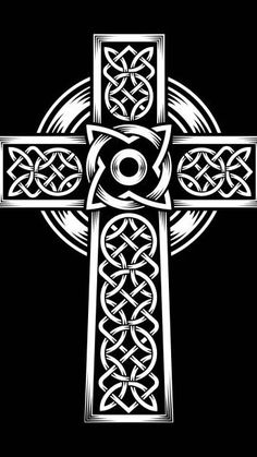 a cross with an eye in the center and two intertwined lines around it on a black background