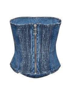 Back zip closure. Elasticized back panel. Model is wearing a size36 Denim Bustier, Denim Corset Top, Blue Corset, Corset Style Tops, Denim Corset, Strapless Corset, Magda Butrym, Black Tweed, Denim Blazer