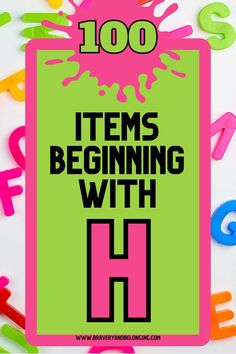 Pin text reads, 100 items beginning with h and is on bright colored background.