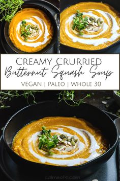 creamy cremed butternut squash soup in a cast iron skillet