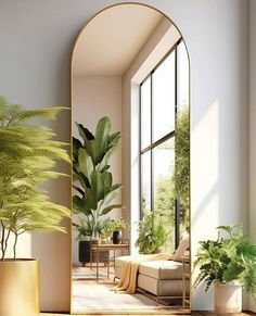 a living room filled with lots of plants next to a large mirror on the wall