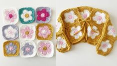 crocheted sweaters with flowers are shown next to the same pattern as knitted ones