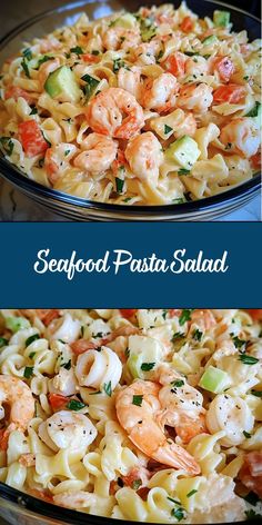 seafood pasta salad with shrimp and cucumbers in a bowl on the side, before and after it is cooked