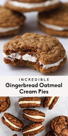 an image of some cookies and cream pies with the title text above it that reads, incredible gingerbread oatmeal cream pie