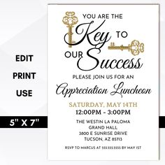 key to our success employee staff teacher nurse volunteer appreciation luncheon invitation template Employee Appreciation Invitation, Staff Appreciation Ideas Morale Boosters, Volunteer Appreciation Party, Client Appreciation Party, Volunteer Appreciation Week, Teacher Appreciation Luncheon, Celebration Church, Teacher Lunches, Lunch Invitation