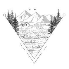 a mountain landscape with pine trees and mountains in the background, hand drawn illustration on white paper