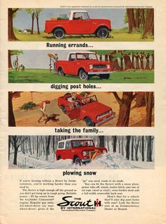 an old red truck driving through the woods in four different pictures, with caption saying it's winter