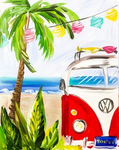 a painting of a vw bus parked on the beach next to a palm tree