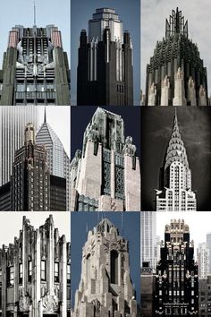 many different architectural buildings are shown in this collage, including the chrysler building and other skyscrapers