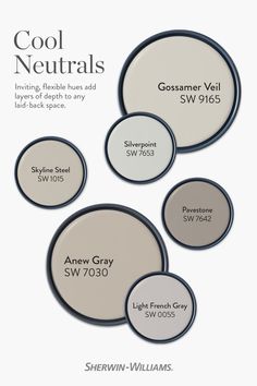 several different shades of gray paint with the words cool neutrals