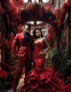 a man and woman dressed in red standing next to each other with flowers all around them