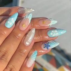 ★ High Quality Salon Grade Nails ★ 10 Custom Sized Nails ★ Comes with Cuticle Pusher, Mini File, Adhesive Stickers ★ Handmade Gel Nails ★ Fast and easy to apply with glue Ongles Baby Blue, Beach Themed Nails, Vacation Nails Beach, Mermaid Nail Art, Seashell Nails, Beachy Nails, Summer Nails Beach, Baby Blue Nails, Nagellack Trends