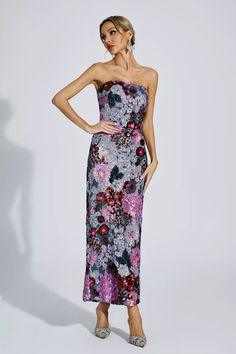 The stunning Amelie Purple Flower Embellishment Dress is perfect for a glamorous evening event or special occasion. Designed with a flattering tube top style and exquisite flower embellishments, this dress exudes elegance and sophistication. Its puff sleeves add a touch of uniqueness, making it ideal for a birthday celebration or a formal banquet.   Dress Length: Approx 118cm Materials: Polyester Gentle Dry Clean Only  The model is 5 ft 7 and wears size S  Color may vary due to lighting on image Embellished Dress Long, Formal Garden Party Wedding Guest Attire, Formal Wedding Guest Attire Summer, 2024 Formal Dress Trends, Spring Formal Wedding Guest Attire, Fit And Flare Dress With Sleeves, February Wedding Guest Dress, Floral Mother Of The Bride Dresses, Designer Birthday Outfits