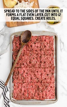 an image of meatloaf on a baking sheet with text overlay that reads spread to the sides of the pan until it forms a flat even layer cut into 12 equal squares create holes