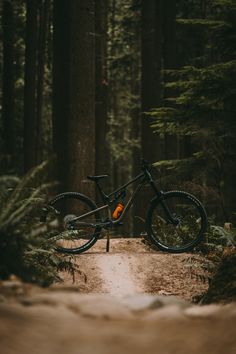 a mountain bike parked on a trail in the woods