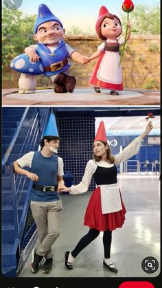 two people in costumes holding hands and one is wearing a gnome's hat while the other